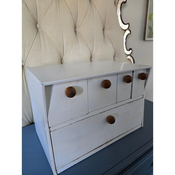 Vintage Krestline Bread Box with 4 Drawers – White Metal Kitchen Organizer – USA - Picture 7 of 11